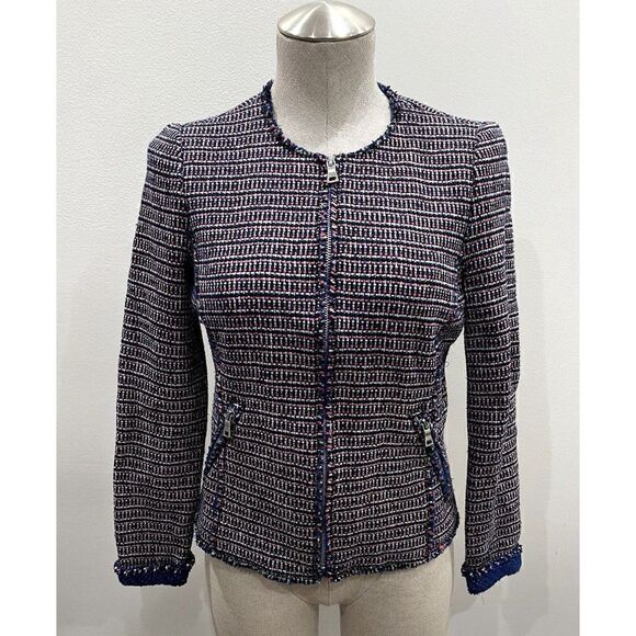Rebecca Taylor Raw Edge Zipper Front Tweed Jacket in Blue/Pink Size 4 - Picture 1 of 6